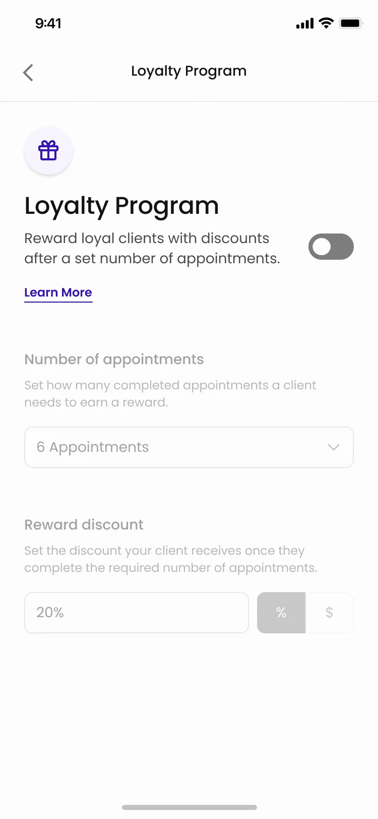 Pro app: turning the loyalty program on and saving the settings.